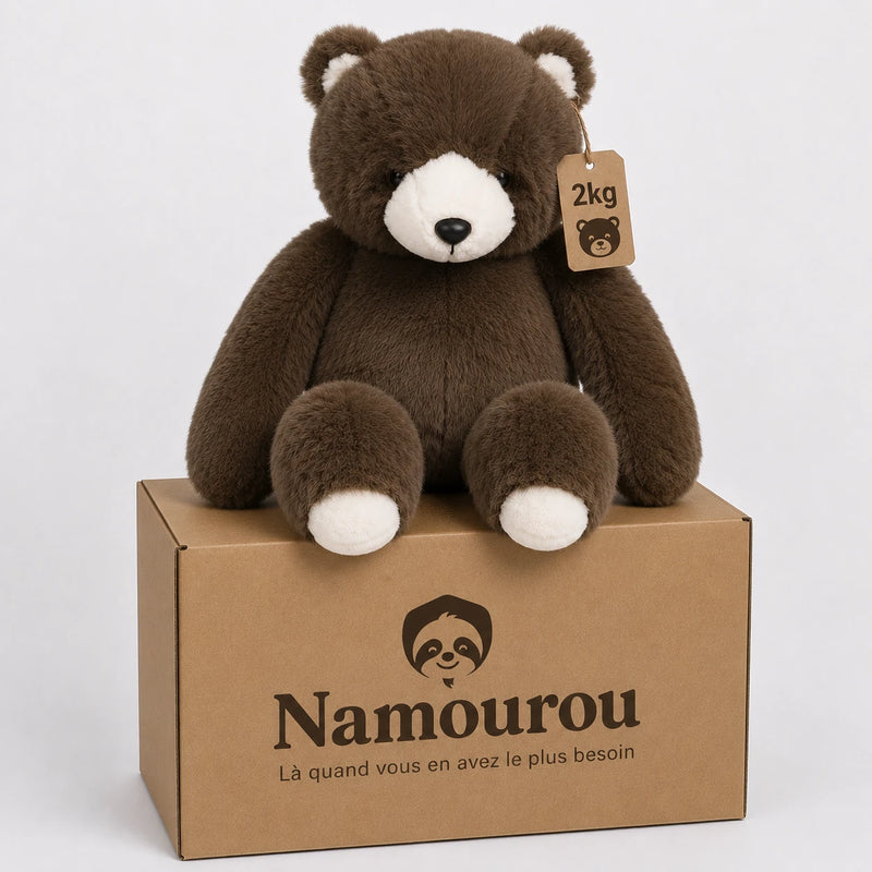 Peluche lestée Ours brun Namourou, 2 kg, assise sur son carton