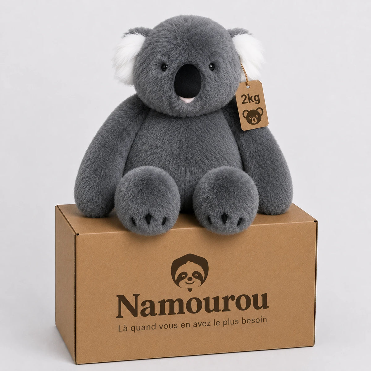 Peluche lestée Koala Namourou, 2 kg, assise sur son carton